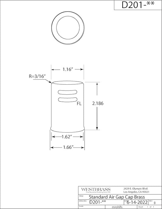 Westbrass D201-100-11 1-5/8" x 2-1/4" Solid Brass Air Gap Cap Only, Non-Skirted, Antique Copper (100-Pack)