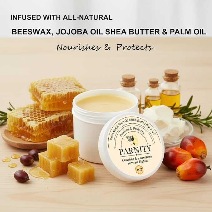 All-Natural Leather & Wood Furniture Repair Salve with Sponge 4oz | Leather Conditioner, Polisher & Restorer for Car Seats, Couches, Boots, Saddles, Hardwood Floors, Prevent Cracking or Fading
