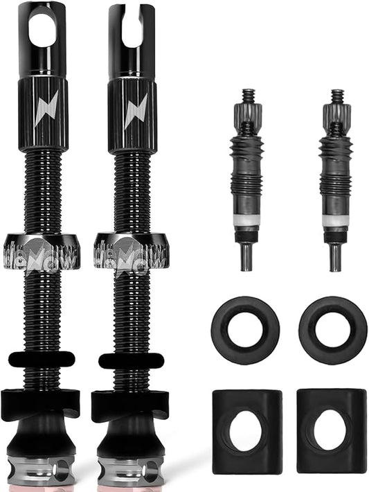 RideNow Tubeless Presta Valve Stems, 45mm Super Light Alloy Presta Tubeless Valve Stem Kit with Valve Core Remover Tool and Valve Stem Caps, Multiple Color and Size Options(Pair),Black