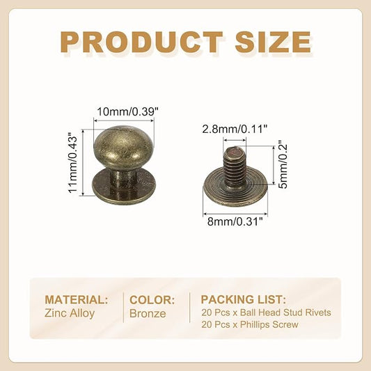 PATIKIL 10 mm Leather Rivets, 20 Sets Ball Head Stud Screw Back Round Head Button Chicago Screw Nipple Stud Rivet for Leather DIY Craft Handbag Belt Repairs, Bronze
