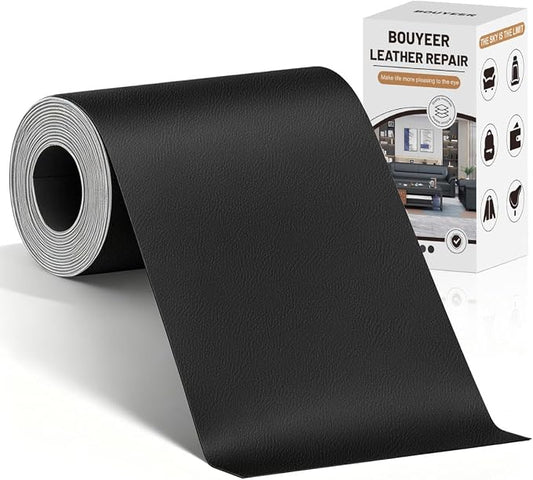 BOUYEER Leather Repair Patch Tape Kit,Self Adhesive Leather Repair for Sofa，Car Seat,Office Chair,Furniture,Jacket,Waterproof Strong Adhesive Vinyl Repair Kit. 4 in x 79 in,Fine Grained Black
