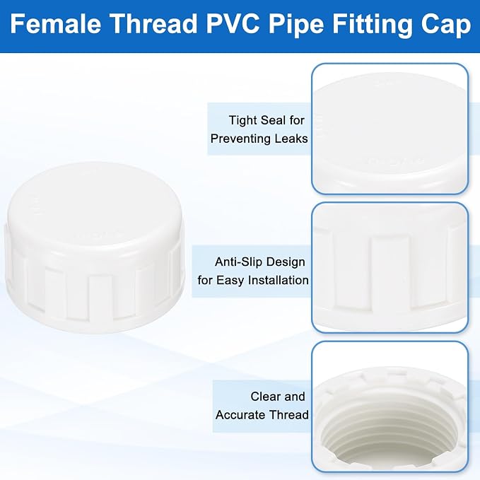 uxcell 12Pcs 3/4 Inch PT Female Thread PVC Pipe Fitting Cap, Cleanout Water Drain End Caps, Pipe Plug Socket Fittings with Tape for Water Heater Supply Lines, Plumbing, White