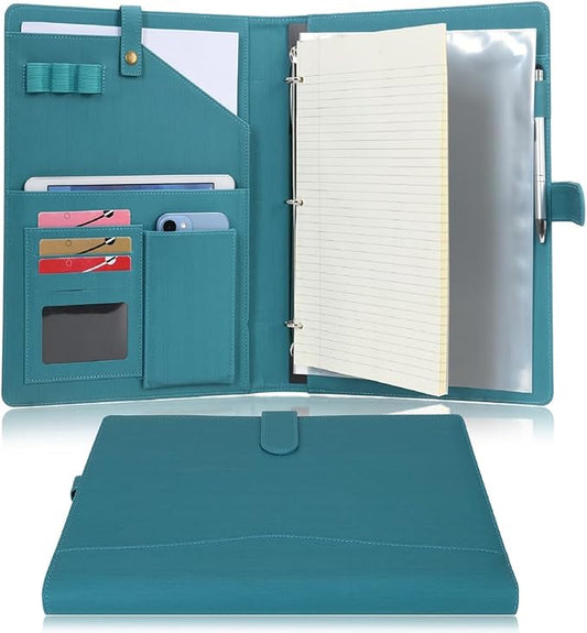 Wonderpool A4 PU Leather Portfolio Holder Ring File Document Case with Removable Binder Clipboard, Multi Pocket and Legal Pad for Business Organizer Interview and Meeting (Cyan)