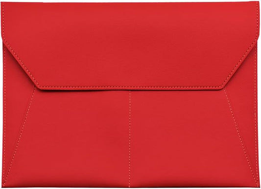 PU Leather A4 File Folder Document Holder with 3 Pockets Waterproof Stylish Envelope Folder Case with Snap Closure (Red)
