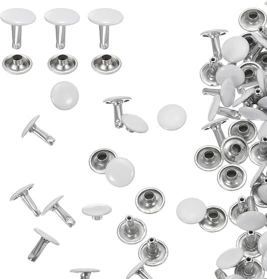 HARFINGTON 100 Sets Double Cap Leather Rivets, 10x10mm Round Cap Tubular Metal Studs Leather Crafting Rivets for Fabric Belt Pet Collar Boot Bag Repair and Decoration, White