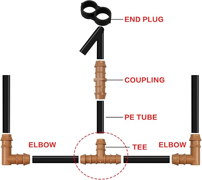 20-Pack Drip Irrigation Barbed Tee Fittings, Fits of 1/2”, 17mm .600” ID Drip Tubing