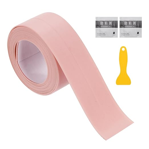 uxcell Caulk Tape Waterproof, 0.83 Inch x 4.92 ft Self-Adhesive Sealant Sealing Strip Caulking Sealant Tape PVC with Tool for Kitchen Sink Toilet Bathroom Bathtub Floor, Pink
