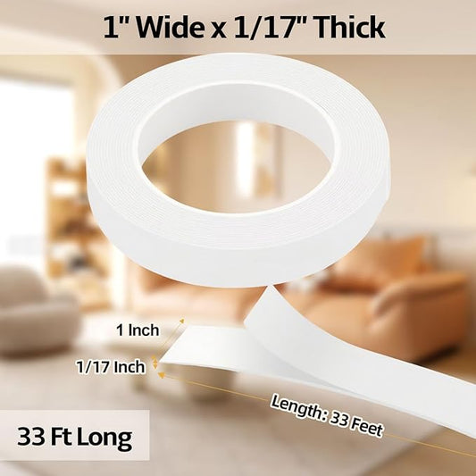 Foam Weather Stripping Door Seal,1 Inch W x 1/17 Inch T x 33 Feet White Window Sealing Tape，Single-Sided Self-Adhesive Insulation Sealing Strip