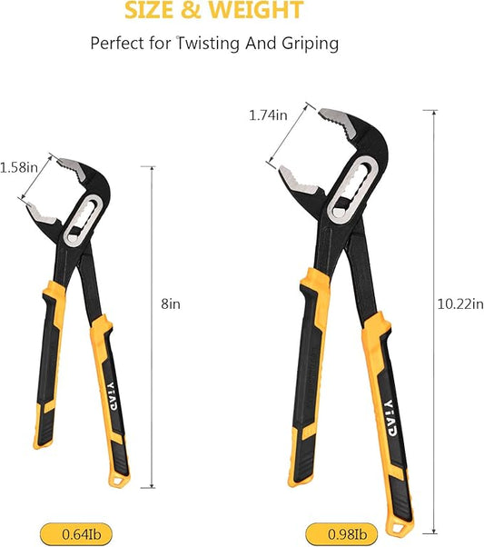 Groove Joint Pliers 8/10 Inch V-Jaw Water Pump Pliers With 7-Position Push Locks,Adjustable Tongue and Groove lock Pliers Rubber Grip Handle Tools Set for Home Auto Repair,Nuts,Bolts,Pipe 2 Piece