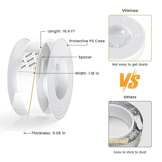 vimiroo 4 Pack Double Sided Tape Heavy Duty, Extra Large16.4FT Nano Double Sided MountingTape, Transparent Strong Removable Adhesive Picture Hanging Strips, Wall Tape Sticky Poster Carpet Decor