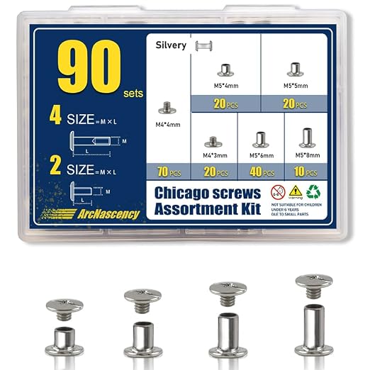 90 Sets Silvery Chicago Screws Leather Rivets Kit, 4 Sizes (M5*4,5,6,8) & 2 Screw Lengths (M4*3,4) for Belts, Bookbinding, DIY Leather (Silvery)