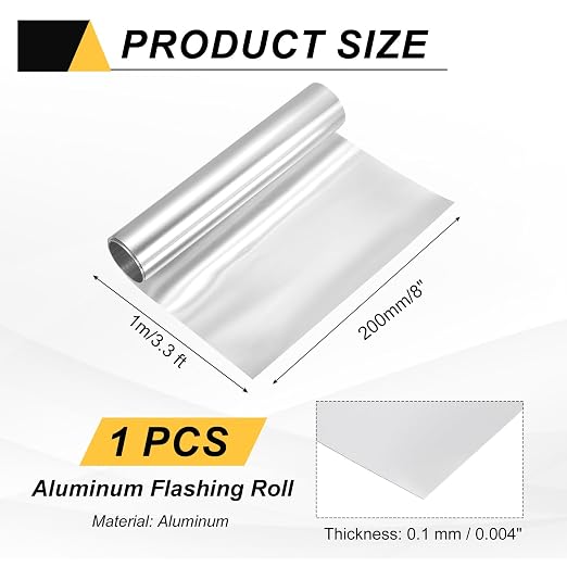 uxcell Aluminum Flashing Roll, 8in x 3.3ft Metal Roof Panels 0.1mm Waterproof Aluminum Sheet Roll for House Repair, Roof Flashing, Sealing Windows Doors, DIY Projects