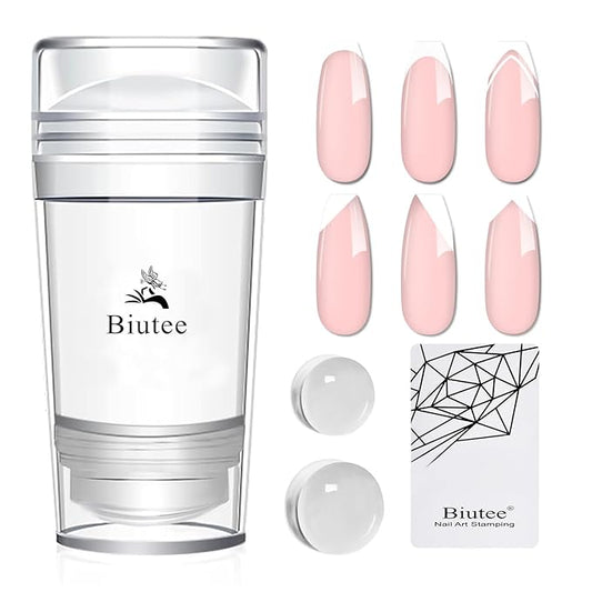 Biutee French Tip Nail Stamp 4PCS Nail Art Stamper Kit with Replacement Nail Stamper Heads Clear Silicone Nails Jelly Stamper with Scrapers Nail Printing Tool for French Manicure Home DIY Art Salon