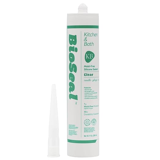 Clear BioSeal 100% Silicone Sealant Caulk Kitchen and Bath Grade, Waterproof and No Odor No Color Change 10.1 Ounce Cartridge, Clear
