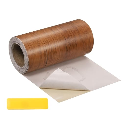 uxcell Wood Tape, 4 Inch x 16ft Self-Adhesive Wood Grain Repair Tape Patch with Plastic Scraper for Baseboards, Doors, Windows, Floor Repair and Furniture Renovation, Dark Brown