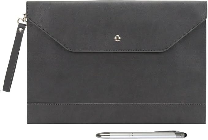 Wonderpool Envelope Case A4 PU Leather File Jacket Pocket Folder Document Case Bag with Removable Hand Strap and 4 Pocket for Documents Tablet Phone Stationery (Dark Gray)