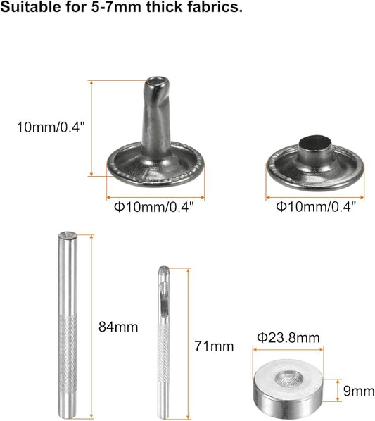 HARFINGTON 100 Sets Leather Rivets 10 x 10mm Metal Double Cap Rivet Snaps Studs Fasteners with 3pcs Setting Tools Rivets for Leather Craft DIY Repair Decoration, Gunmetal