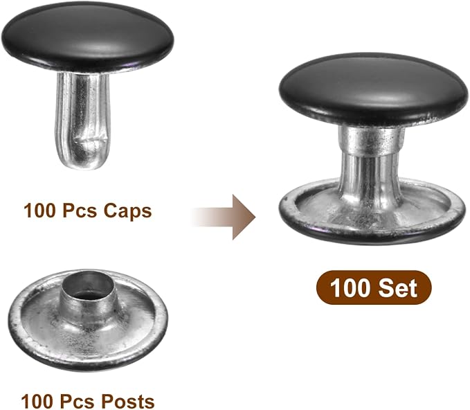 HARFINGTON 100 Sets Double Cap Leather Rivets, 10x10mm Round Cap Tubular Metal Studs Leather Crafting Rivets for Fabric Belt Pet Collar Boot Bag Repair and Decoration, Black