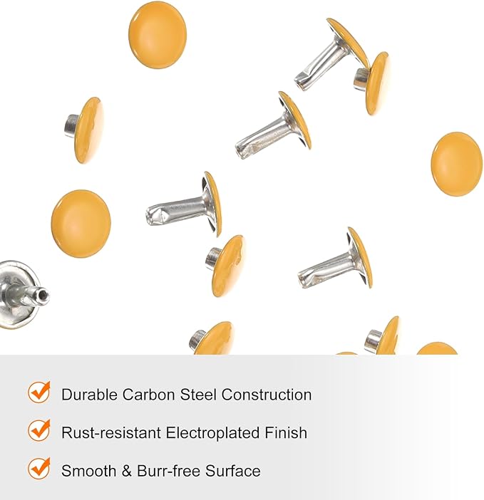 HARFINGTON 100 Sets Double Cap Leather Rivets, 10x10mm Round Cap Tubular Metal Studs Leather Crafting Rivets for Fabric Belt Pet Collar Boot Bag Repair and Decoration, Yellow