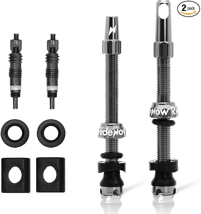 RideNow Tubeless Presta Valve Stems, 65mm Super Light 7075 Aluminum Alloy Presta Tubeless Valve Stem Kit with Valve Core Remover Tool and Valve Stem Caps, Multiple Color & Size(Pair), Titanium Gray