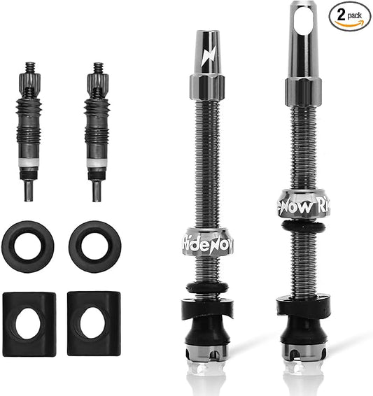 RideNow Tubeless Presta Valve Stems, 65mm Super Light 7075 Aluminum Alloy Presta Tubeless Valve Stem Kit with Valve Core Remover Tool and Valve Stem Caps, Multiple Color & Size(Pair), Titanium Gray