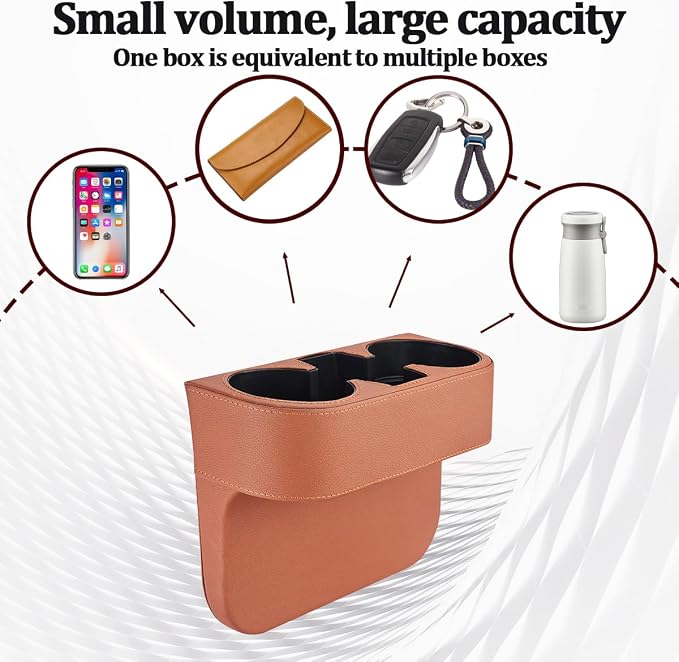 Car Gap Filler Organizer, Multifunctional Leather Console Side Crevice Blocker Storage Box with Cup Holder, Auto Seat Gap Stopper Organizer for Keys, Phones, Glasses, Universal Fit (Brown)