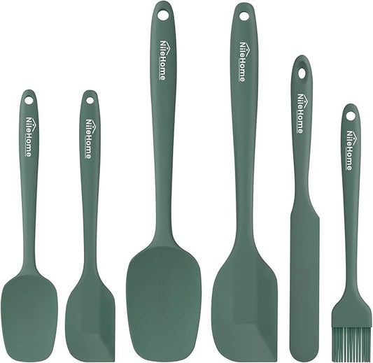 NileHome Silicone Spatula Set, 6 Pieces Food Grade Kitchen Utensils with Silicone Brush Heat Resistant Dishwasher Safe BPA-Free Rubber Spatula for Scraping, Baking, Cooking, Mixing-Green