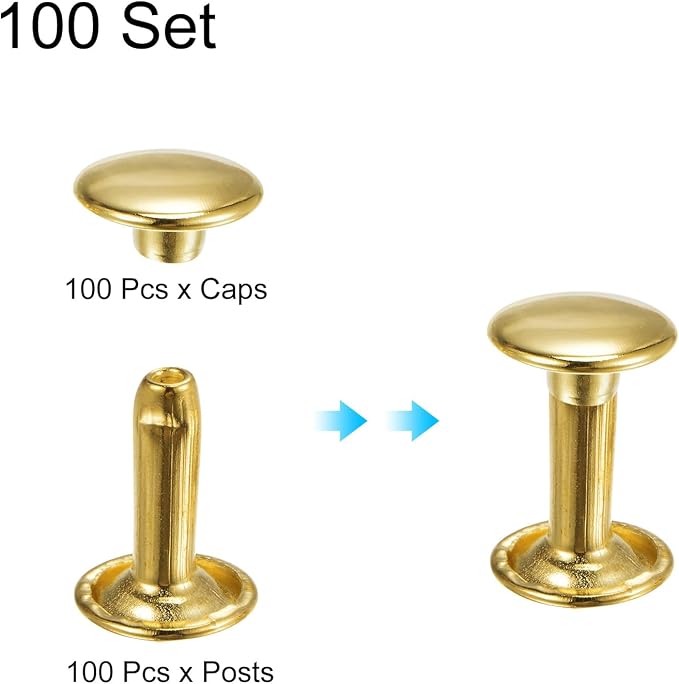 HARFINGTON 100 Sets Double Cap Leather Rivets, 9x12mm Round Cap Tubular Metal Studs Leather Crafting Rivets for Fabric Belt Pet Collar Boot Bag Repair and Decoration, Gold