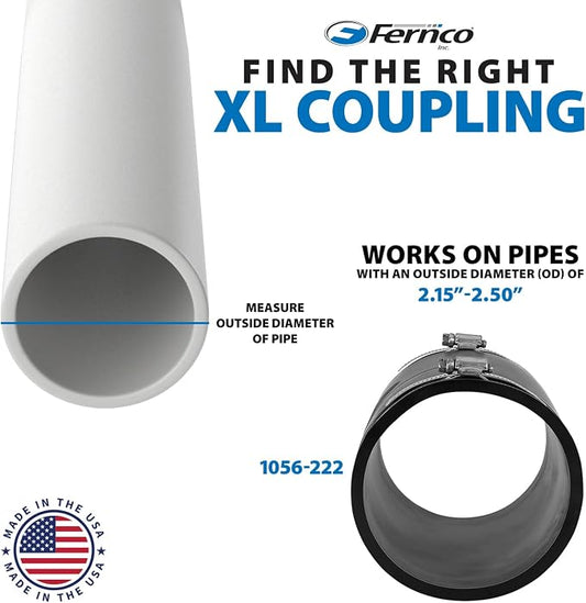 Fernco XL 1056-222 Flexible Pipe Coupling 2" to 2", Extra-Long Connector for CI, PVC, ABS & Steel Pipe with Stainless Steel Clamps