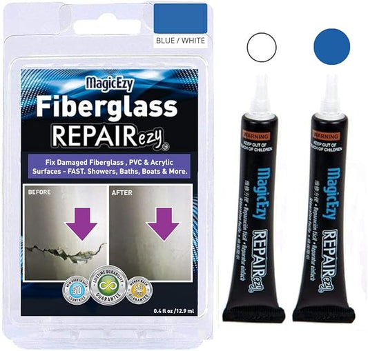 MagicEzy Fiberglass RepairEzy - Fiberglass Repair Kit in a Tube - Fix Wide Cracks, Chips and Holes - Fiberglass Showers, Hot Tubs, Canoes, Boats, Jet Skis - Ultra Strong (Blue & White)