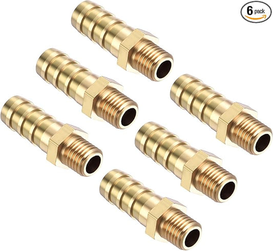 Pack of 6 Brass Hose Barb Fittings Adapter Connector 8mm Hose Barb to M8x1 Male Fittings for Home Machines, Massage Bathtubs, and Irrigation Systems