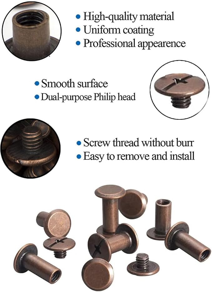 ALLOYGOLD 110 Sets Red Cooper Chicago Screws Assorted Kit 8 Sizes Leather Rivets Screw Flat Fillister Book BindingPosts Nail Rivet Chicago Bolts for DIY Leather Craft (M5 X 4,5,6,8,10,12,15,18)