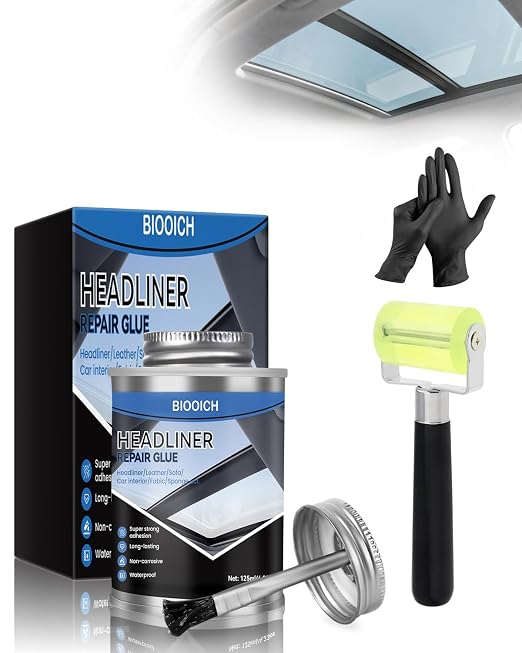 Headliner Repair Glue, Car Headliner Adhesive with Rubber Seam Roller Headliner Repair Kit,Upholstery Glue with Brush for Automotive interiors, Fabric, Leather (4.23oz)