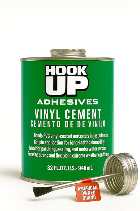 HOOK UP Adhesives Vinyl Contact Cement, Glue Waterproof, Fast-Drying Repair Adhesive for Pools, Inflatables, PVC, Air Mattresses, PVC Pipes, Tarps, Boats, Rafts, Upholstery Strong Bond, Cement 32 OZ
