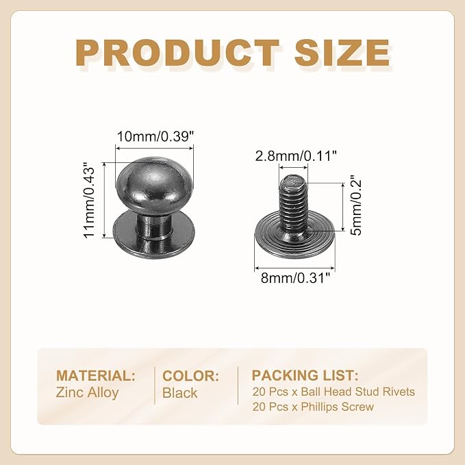 PATIKIL 10 mm Leather Rivets, 20 Sets Ball Head Stud Screw Back Round Head Button Chicago Screw Nipple Stud Rivet for Leather DIY Craft Handbag Belt Repairs, Black