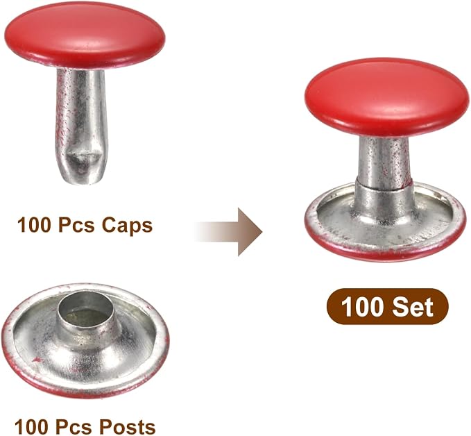 HARFINGTON 100 Sets Double Cap Leather Rivets, 10x10mm Round Cap Tubular Metal Studs Leather Crafting Rivets for Fabric Belt Pet Collar Boot Bag Repair and Decoration, Red