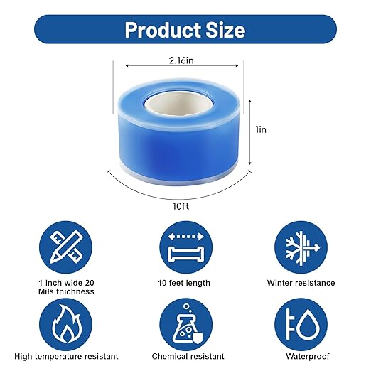 2-Pack Blue Silicone Tape (20 Ft Total) - Flexible Grip Tape for Sport Rackets & Fishing Rods - Leak Seal Repair for Irrigation Pipes - Easy-Peel Liner, 1 Inch x 10 Feet