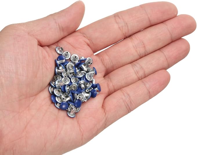 HARFINGTON 100 Sets Double Cap Leather Rivets, 6x6mm Round Cap Tubular Metal Studs Leather Crafting Rivets for Fabric Belt Pet Collar Boot Bag Repair and Decoration, Dark Blue