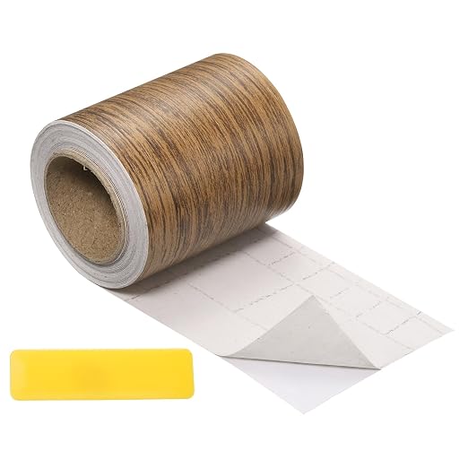 uxcell Wood Tape, 2 Inch x 16ft Self-Adhesive Wood Grain Repair Tape Patch with Plastic Scraper for Baseboards, Doors, Windows, Floor Repair and Furniture Renovation, Brown