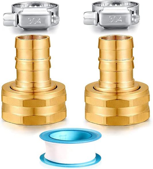 Solid Brass Garden Hose Repair kit Connector with Stainless Steel Clamps, Male Adapter/Female Garden Hose Swivel Fitting… (5/8" Barb x 3/4" Female -2 Sets)