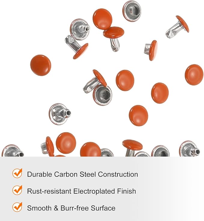 HARFINGTON 100 Sets Double Cap Leather Rivets, 6x6mm Round Cap Tubular Metal Studs Leather Crafting Rivets for Fabric Belt Pet Collar Boot Bag Repair and Decoration, Orange