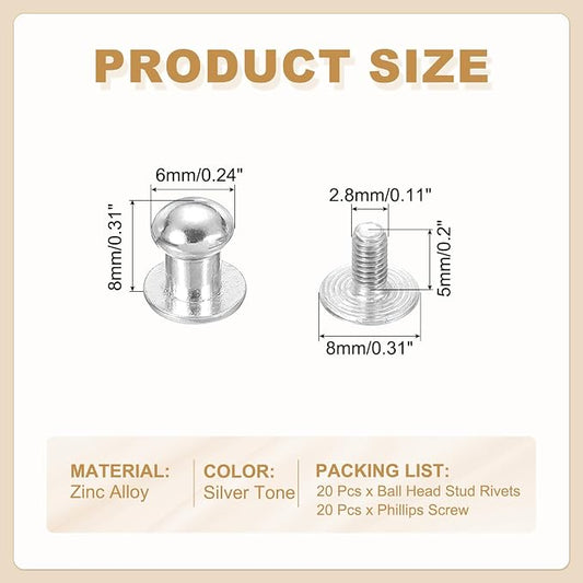 PATIKIL 6 mm Leather Rivets, 20 Sets Ball Head Stud Screw Back Round Head Button Chicago Screw Nipple Stud Rivet for Leather DIY Craft Handbag Belt Repairs, Silver Tone
