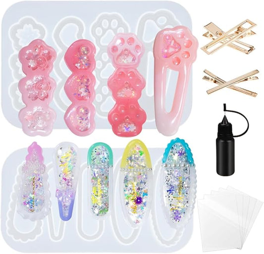 Hair Clips Resin Shaker Molds Set Barrette Pack of 12 Epoxy Silicone Trays Precision Tip Applicator Bottle Kit Bundle