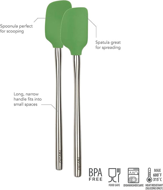 Tovolo Flex Core Mini Silicone Spatula Spoonula Set of 2 for Non Stick Cast Iron Cooking & Baking, Dishwasher Safe Heat Resistant BPA Free Small Stainless Steel Handle Kitchen Utensil, Pesto Green