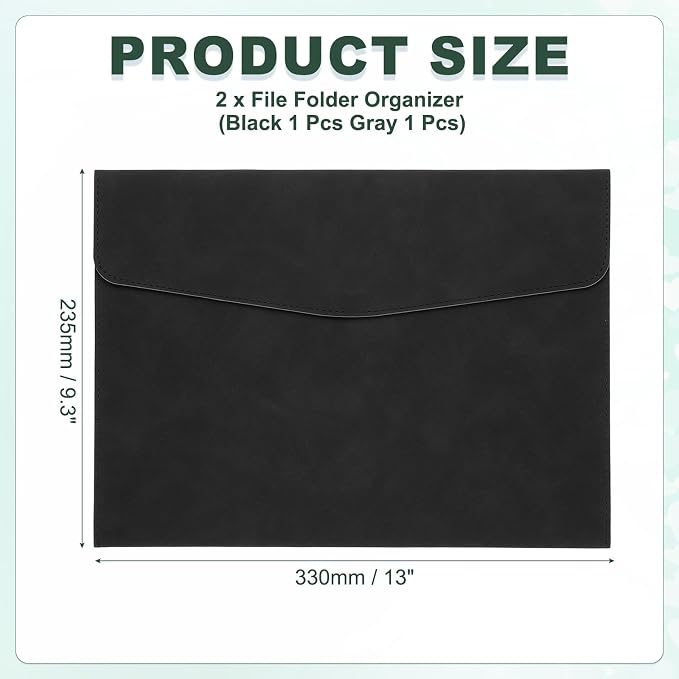 PATIKIL PU Leather A4 File Folder, 2Pcs Document Holder Filing Organizer Portfolio Envelope Folder Case with Snap Closure for Letter Receipt, Black/Gray