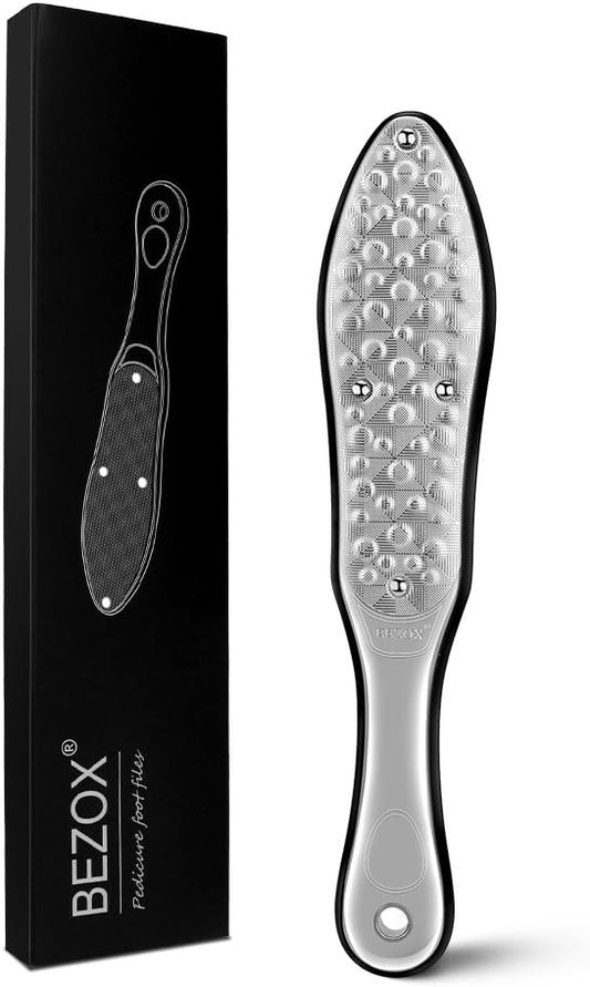 BEZOX Professional Foot File Callus Remover, Double Sided Pedicure Rasp for Cracked Heel and Dead Foot Skin - Heavy Duty Surgical Grade Stainless Steel - W/Cloth Storage Bag & Gift Box