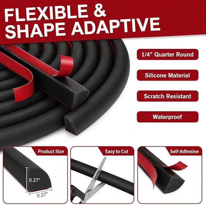 0.25" x 0.25" Mini Quarter Round Molding,40FT Self Adhesive Flexible Trim for Small Gaps, Countertop Wall Seam, Window Sill, Desk & Cabinet Edge, Peel and Stick Finishing Strip