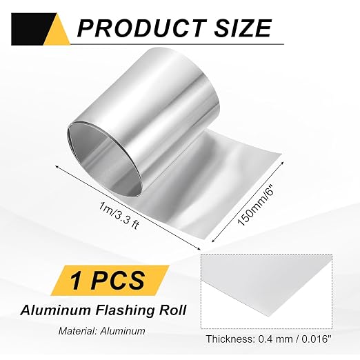 uxcell Aluminum Flashing Roll, 6in x 3.3ft Metal Roof Panels 0.4mm Waterproof Aluminum Sheet Roll for House Repair, Roof Flashing, Sealing Windows Doors, DIY Projects