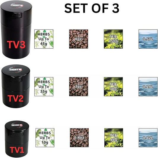 Tightvac Set of 3 - Patented Airtight Container | Multi-use Vacuum Container Works as Smell Proof Containers for Herbs and Dry Goods. Black Caps and Black Bodies