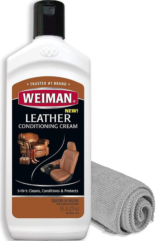 Weiman 3 in 1 Deep Leather Conditioner Cream (Microfiber Cloth) - Restores Leather Surfaces - Use on Leather Furniture, Car Seats, Shoes, Bags, Jackets, Saddles